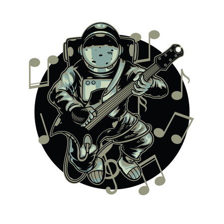 Astronaut playing guitar electric in space with melody sign. Happy cosmonaut play rock on planet vector cartoon illustration tee graphic wallpaper poster home textile print designのイラスト素材