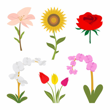 Set of colorful flowers icon style. Collection of nature flower spring and summer in garden. Included the icons as rose, tulip, orchid and sunflower. Vector flat design illustrationのイラスト素材