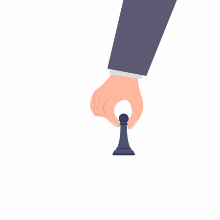 One hand player hold black chess piece figure. Modern flat style concept vector illustration isolated on white. Victory in battle background. Intelligence professional movement flat cartoon styleのイラスト素材