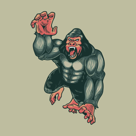 Angry gorilla monkey. Animals primates beast mystic isolated on grey background. Kong mascot logo...