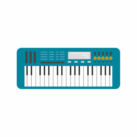 Vector keyboard musical instrument flat icons. Cute pianist equipment in cartoon colored style isolated on white background. Piano key, keyboard for melody song. Blue piano with buttons knobs displayのイラスト素材