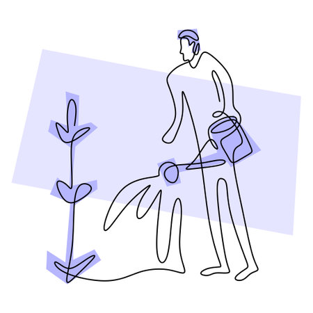 Single continuous line drawing of happy young male is watering flower in the home garden at summer sunny day. Gardening or planting concept. Back to nature in minimalism design. Vector illustrationのイラスト素材