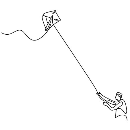 One single line drawing of happy young teenager boy playing to fly kite up into the sky at outdoor field in summer time. Freedom and passion creative theme hand-drawn minimalist designのイラスト素材