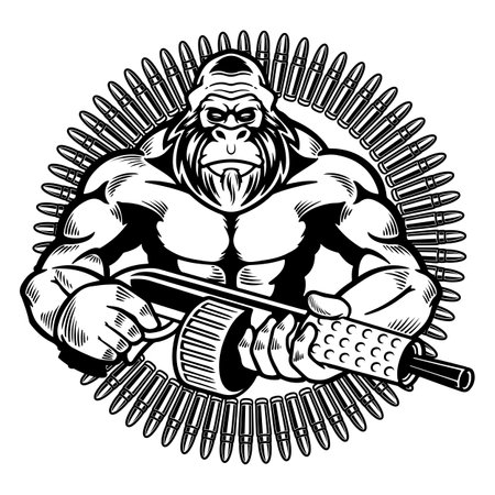 Vector illustration of wild monkey with machine gun in a retro style. Angry gorilla holding guns with silencers isolated on white background. Wild animals concept in cartoon style. T-shirt designのイラスト素材