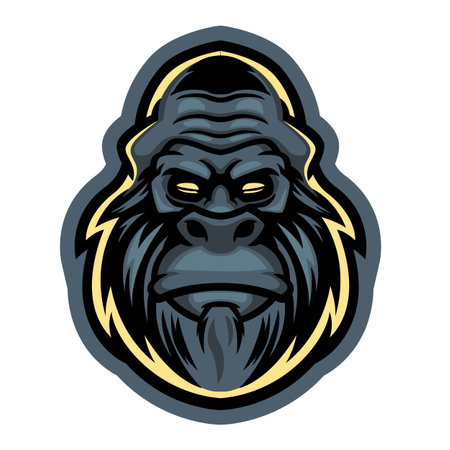 Wild monkey in face front look. Colored gorilla head with anger expression isolated on white background. Hand drawing with cool slogan for t-shirt and other uses. Vector illustrationのイラスト素材