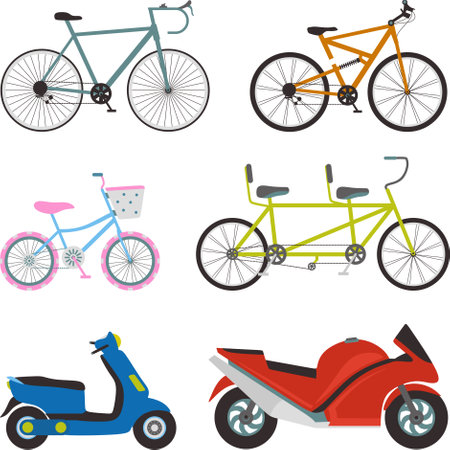 Simple set of transport flat icons vector design. Contains such as sport bicycle, woman bicycle, matic motorcycle and sport motorcycle. Transportation vector elements cartoon illustrationのイラスト素材