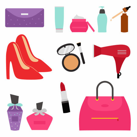 Collection of make up product cosmetics with skincare include serum, sunscreen, toner, moisturizer cream and face mist. Woman stuff concept. Flat cartoon vector illustration and icons setのイラスト素材