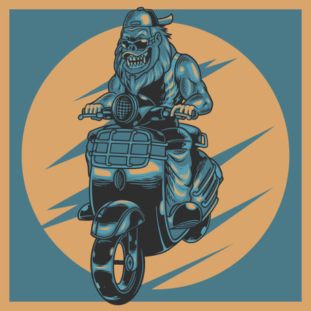 Animal moto rider vintage label with aggressive gorilla wearing sunglasses in motorbike. Bestride on mini old retro motorcycle. Vector illustration design for biker lover. T-shirt prints apparelのイラスト素材