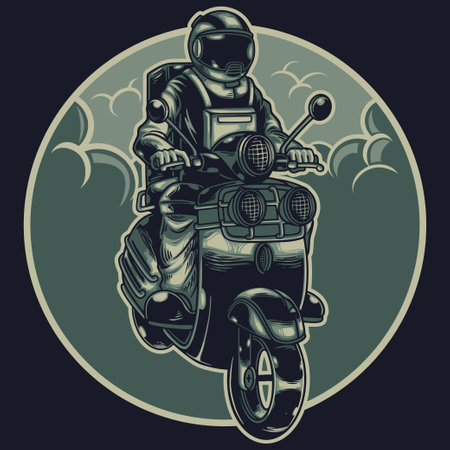 Astronaut on the motorcycle. Biker cosmonaut rides through the universe on a retro motorbike. Vintage motorcycle club. Space theme. Vector t-shirt, poster and other uses design illustrationのイラスト素材