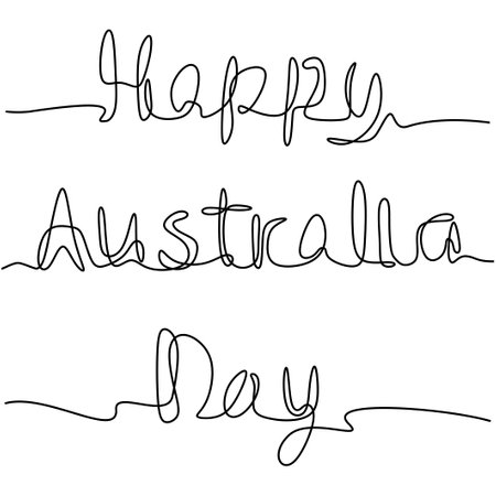 Australia day one line vector sketch. Continuous line drawing of Happy Australia Day handwritten inscription. Hand drawn lettering minimalist design. Vector illustration on white backgroundのイラスト素材