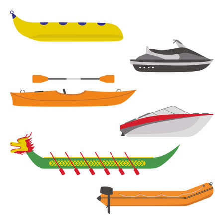 Boat icons set. Flat illustration of different kind of river boat transportation. Include banana boat, speed boat, dragon ship, inflatable boat and jet ski vector isolated on white backgroundのイラスト素材