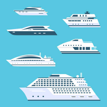Big set of cruise ship flat vector icons. Beautiful elite, luxury ship at sea. Illustration collection of ocean transport yacht in cartoon style isolated on blue background.のイラスト素材