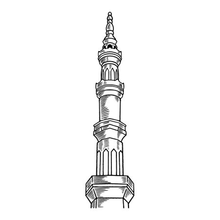 Detailed sketch of mosque tower for Ramadan Kareem isolated on white background. Happy Ramadan Mubarak free hand drawing. Vector illustration for ramadan celebration with islamic designのイラスト素材