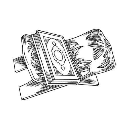 Vector muslim Al-Qur'an. Hand drawn sketch of holy book Qur'an on a wooden holder with islamic design. Ramadan Kareem, Eid Mubarak isolated on white background. Arabic calligraphy illustrationのイラスト素材