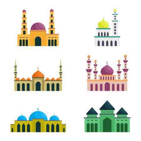 Vector set of islamic mosque. Ramadan Kareem, Happy Eid Mubarak. Hand drawn icons with flat colorful design elements. Modern linear style illustrations isolated on white background.のイラスト素材