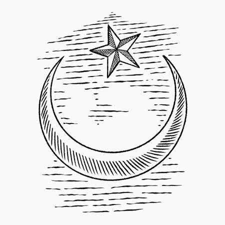 Hand drawn image of crescent moon with star. Islamic symbol in vintage style. Ramadan Kareem with islamic design elements. Muslim religion on turquoise background. Vector illustrationのイラスト素材