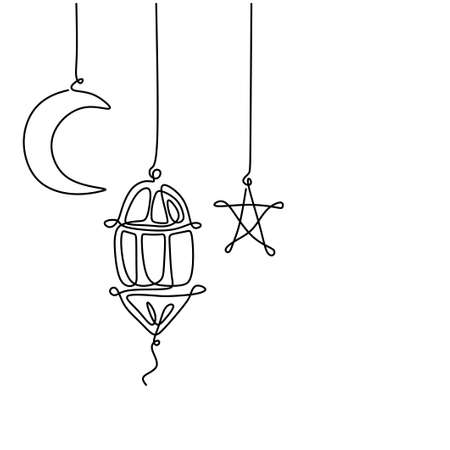 Lantern, half moon and star. Ramadan Kareem theme minimal one continuous line drawing on white background. Single line art of Eid Mubarak greeting card, poster and banner design. Vector illustrationのイラスト素材