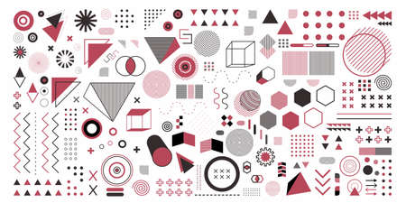 Abstract geometry set object in pink color. A bundle 100 geometric design arts. Memphis design, retro elements for web, vintage, advertisement, commercial banner, poster, leaflet, billboard, saleのイラスト素材