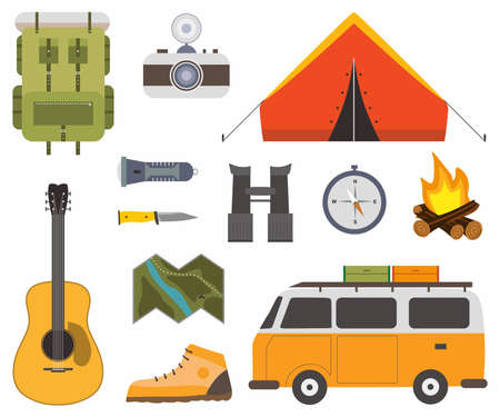 Set of camping of adventure. Equipment of camping objects, tent, backpack, guitar, camera, campfire, boats, guitar, compass, binoculars flat icon set in cartoon character. Vector illustrationのイラスト素材