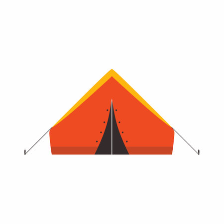 Tent camping in outdoor travel with summer forest cartoon style. Equipment for outdoor picnics. Adventure and vacation concept. Vector flat illustration for nature tourism, journey, adventure.のイラスト素材