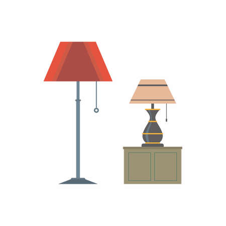 Furniture floor and table lamp in flat cartoon style. Designer trendy items for home apartment or office interior decor isolated on white background. Vector minimalist illustrationのイラスト素材