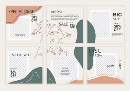 Fashion sale social media feed post collection templates. Minimalist concept design with pastel neutral colors background. Good use for square banners, covers, poster, brochures background, etc.のイラスト素材