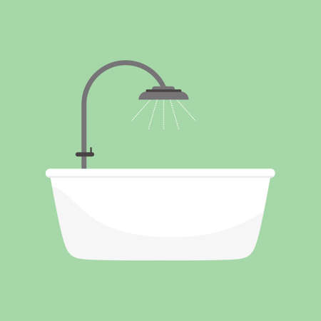 Shower taps and bathtub. Bathroom interior. Comfortable equipment for bathing and relaxing. Design modern bathroom vector flat cartoon illustration isolated on light green backgroundのイラスト素材