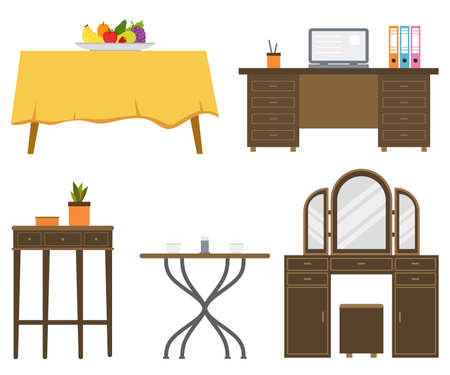 Set of different living room tables, includes home office desk, dining table, dresser table, corner table and coffee table in flat style. Interior furniture concept. Vector graphic design templateのイラスト素材