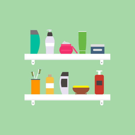 Personal hygiene supplies. Bathroom glass shelves with soap, toothbrush, toothpaste, shampoo, face wash and body scrub. Sanitary and care in flat icons design elements. Vector cartoon illustration.のイラスト素材