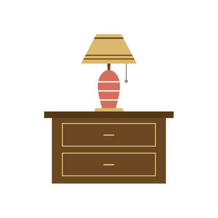 Bedroom locker furniture interior. Cabinet with table lamp isolated on white background. Closed wood box. Living, lifestyle, interior concept. Modern cartoon element. Flat vector illustrationのイラスト素材