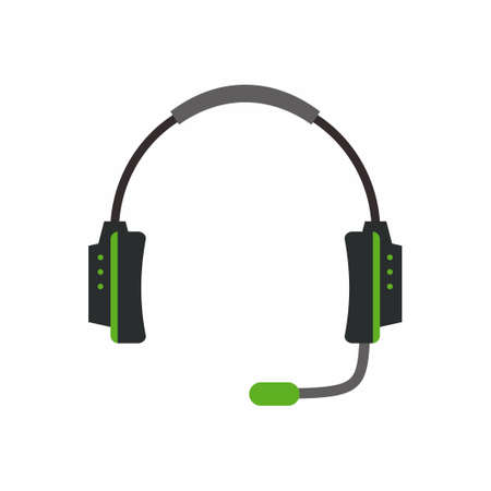 Headset icon. E-sports gaming or online cybersport games cartoon style. Black and green computer gaming headset with microphone on isolated background. Vector modern technology elementsのイラスト素材