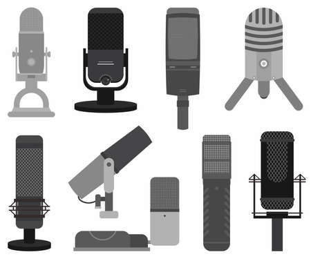 Podcast mircophone icon set. Music studio podcast speaker vector badges collection. Different models such as Rode NT-USB, Blue Yeti mic, Rode Procaster mic etc. Recording studio symbolのイラスト素材