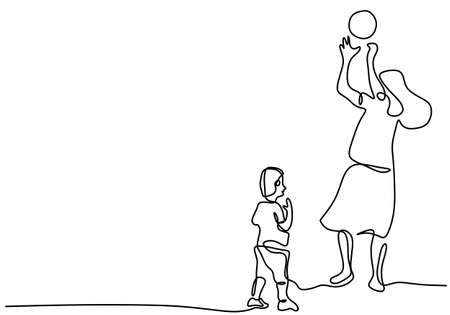 One continuous line drawing of young mather playing the ball with her little child throwing together. Happy mom spending time with her son at home isolated on white background. Minimalism designのイラスト素材