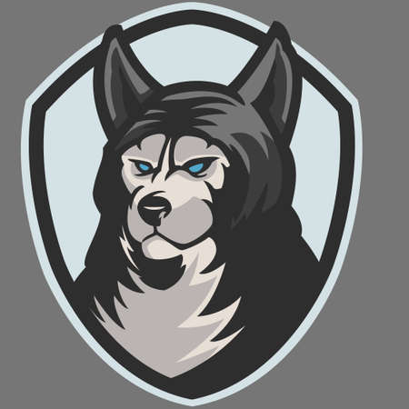 Danger wolves mascot e-sport logo design isolated on grey background. Werewolf monster mascot vector illustration logo. Professional wolf logo for a sport team. Modern template designのイラスト素材