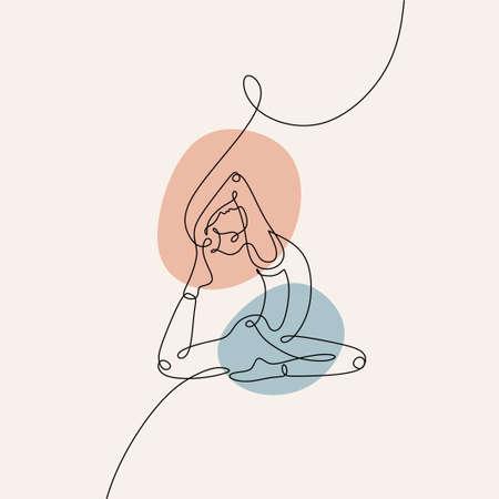 continuous line drawing of women fitness yoga concept. Woman doing yoga with hand holding her leg with blue and pink color.のイラスト素材