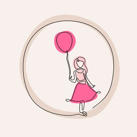 One continuous line drawing of little girls wearing pink dress and playing pink balloons. Cute child girl is holding a waving balloon in the wind isolated on white background. Childhood concept.のイラスト素材