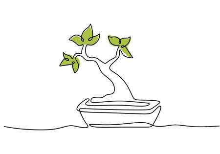 Continuous line drawing of nature bonsai tree in pot isolated on white background. Beauty and fresh Chinese or Japanese banyan plant for home art wall decor. Botanical houseplant themeのイラスト素材