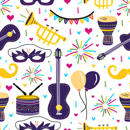 Seamless holiday childish carnival. Festive colorful party element for kids with balloon, guitar, trumpet, drum, mask and mustache toy. Vector design for party, summer print, textile design, cardのイラスト素材