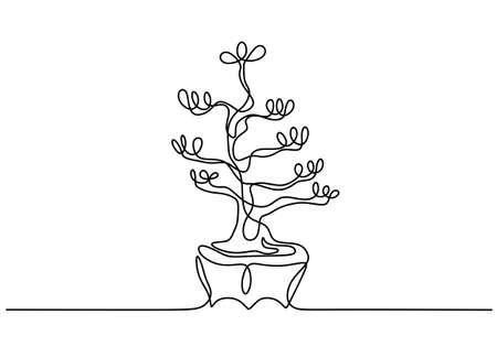 Decorative bonsai tree in pots continuous one line drawing. Old beauty exotic little bonsai tree for home art wall decor. Ancient potted plant minimalist style on white background.のイラスト素材