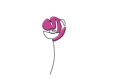 Poppy flower continuous line art hand drawn minimalism style isolated on white background. Vector abstract plant in spring illustration. Nature floral with leaf for   invitations, tattooのイラスト素材