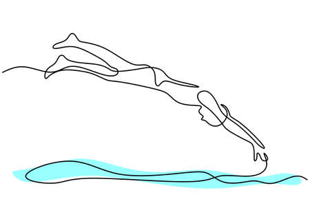 Continuous line drawing of young happy professional swimmer man jump to swimming pool center. Sport event. concept. Competition vector minimalistic sport background isolated on whiteのイラスト素材
