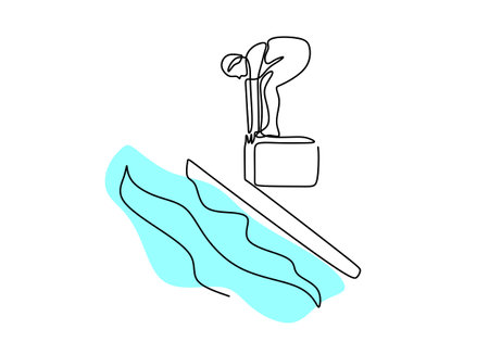 Continuous one line drawing of young sporty fit swimmer ready to jump to swimming pool indoor pool sport center isolated on white background. Healthy lifestyle and sport concept. Vector illustrationのイラスト素材