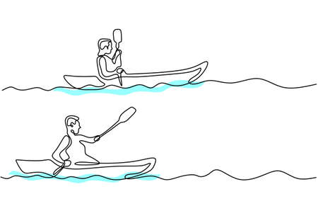 One continuous line drawing of energetic athlete guy boat race on the river. A rowers group enjoy in long boats compete isolated on white background. Team member rowing boat teamwork conceptのイラスト素材