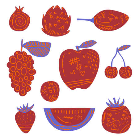 Sweet tropical fruits collection. Hand drawn fresh fruit such as strawberry, dragon fruit, watermelon, pomegranate, grape, apple, tomato, cherry, cranberry etc. Splash of juice. Vector illustrationのイラスト素材
