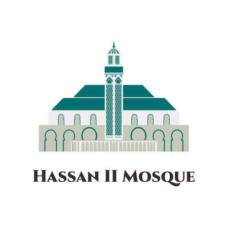 Hassan II Mosque in Morocco vector flat icon. It is the second largest functioning mosque in Africa and is the 7th largest in the world. Recommended for tourist visit in Casablanca, Morocco.のイラスト素材