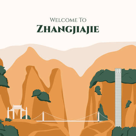 Welcome to China flat vector. Set of famous landmark such as Zhangjiajie National Forest Park, Glass Bridge, Bailong Elevator etc. Asia famous natural attraction minimalistic illustrationのイラスト素材