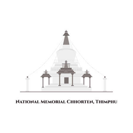 National Memorial Chhorten in Thimphu, Bhutan. The Memorial Stupa, an unique architectural landmark attraction. It is dedicated to World Peace. One of the most visited sight. Vector flat cartoonのイラスト素材