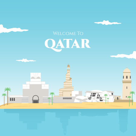 Qatar banner set with national buildings tourist attraction of the country buildings and conceptual landscape vector illustration. Colorful Qatar famous landmark for your destination vacation.のイラスト素材