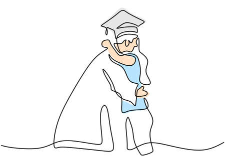 Continuous line drawing of graduation men student with his friend is hugging each other. Celebration ceremony master degree academy graduate design sketch outline drawing vector illustrationのイラスト素材