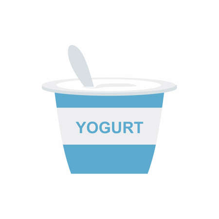 Flat vector illustration yoghurt cream icon. Colored yogurt cup with a spoon isolated on white background. Vector element can be used for cream, yogurt, custard design concept in cartoon style.のイラスト素材